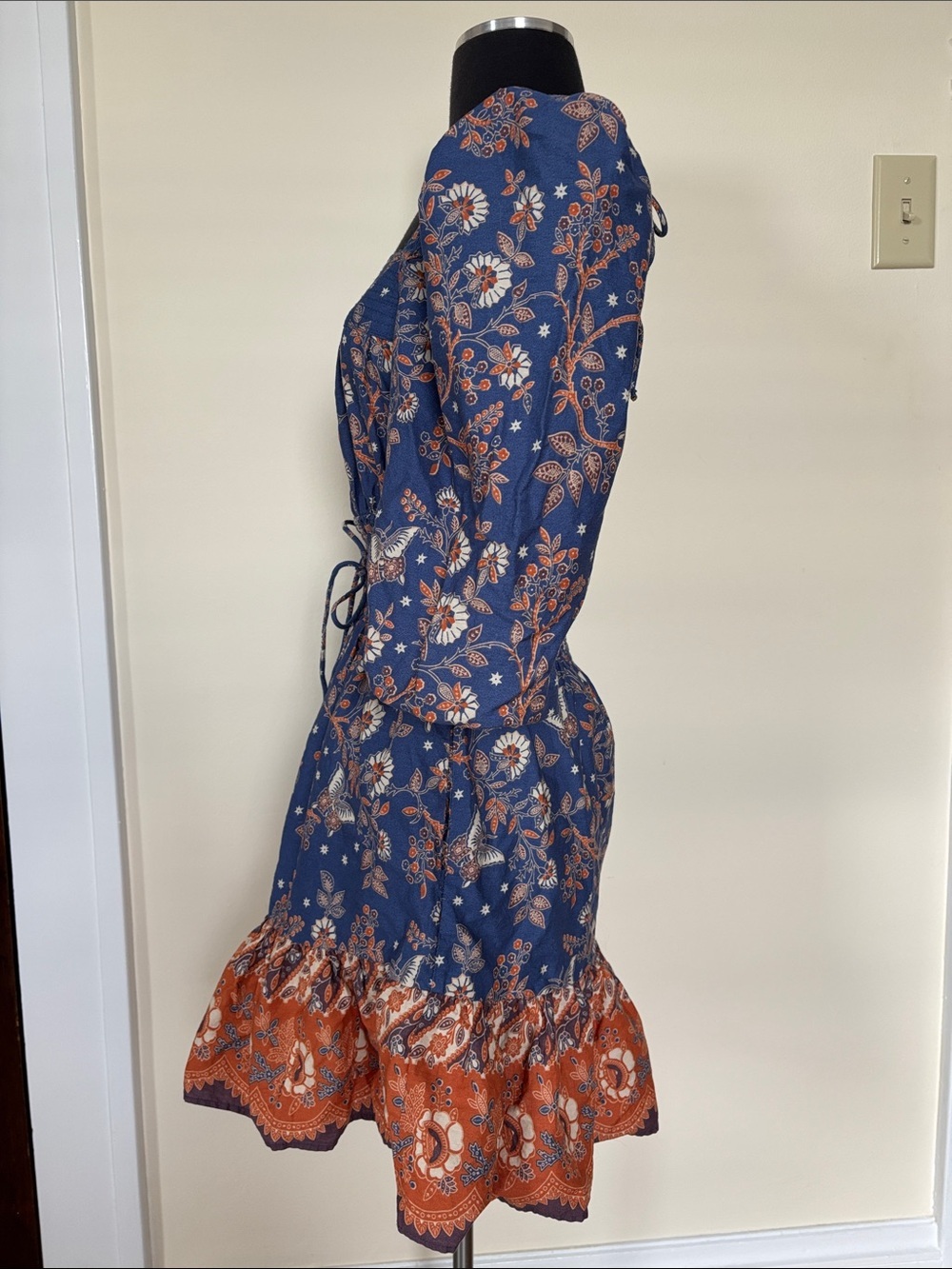 House of Harlow Navy Blue Orange Floral Puff-Sleeve Smocked Mini Dress - Picture 5 of 13